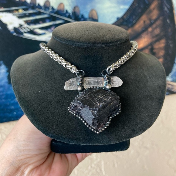 Natural black tourmaline & crystal quartz charm boho goth necklace . - Picture 10 of 14